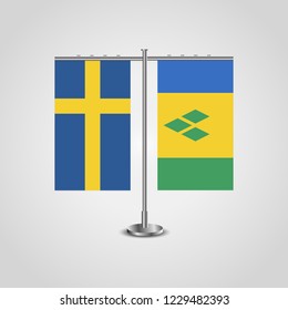 Table stand with flags of Sweden and Saint Vincent and the Grenadines.Two flag. Flag pole. Symbolizing the cooperation between the two countries. Table flags