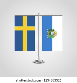 Table stand with flags of Sweden and San marino.Two flag. Flag pole. Symbolizing the cooperation between the two countries. Table flags