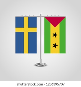 Table stand with flags of Sweden and Sao Tome and Principe.Two flag. Flag pole. Symbolizing the cooperation between the two countries. Table flags

