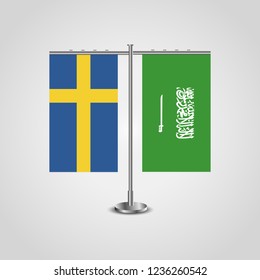 Table stand with flags of Sweden and Saudi Arabia.Two flag. Flag pole. Symbolizing the cooperation between the two countries. Table flags

