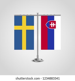 Table stand with flags of Sweden and Slovakia.Two flag. Flag pole. Symbolizing the cooperation between the two countries. Table flags