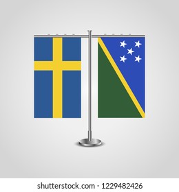 Table stand with flags of Sweden and Solomon islands.Two flag. Flag pole. Symbolizing the cooperation between the two countries. Table flags