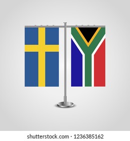 Table stand with flags of Sweden and South Africa.Two flag. Flag pole. Symbolizing the cooperation between the two countries. Table flags

