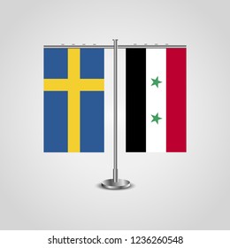 Table stand with flags of Sweden and Syria.Two flag. Flag pole. Symbolizing the cooperation between the two countries. Table flags

