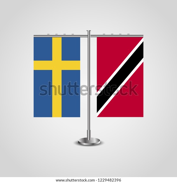 Table stand with flags of Sweden and Trinidad and\
Tobago.Two flag. Flag pole. Symbolizing the cooperation between the\
two countries. Table\
flags