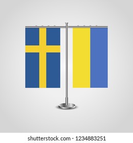 Table stand with flags of Sweden and Ukraine.Two flag. Flag pole. Symbolizing the cooperation between the two countries. Table flags

