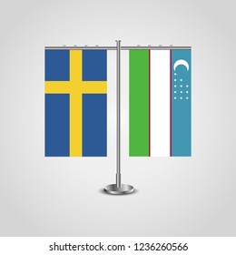 Table stand with flags of Sweden and Uzbekistan.Two flag. Flag pole. Symbolizing the cooperation between the two countries. Table flags

