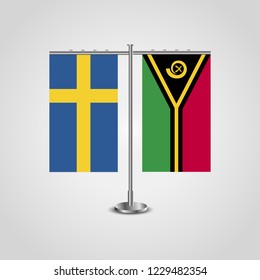 Table stand with flags of Sweden and Vanuatu.Two flag. Flag pole. Symbolizing the cooperation between the two countries. Table flags