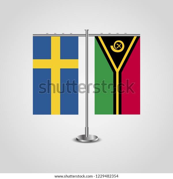 Table stand with flags of Sweden and Vanuatu.Two\
flag. Flag pole. Symbolizing the cooperation between the two\
countries. Table flags