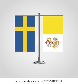 Table stand with flags of Sweden and Vatican.Two flag. Flag pole. Symbolizing the cooperation between the two countries. Table flags