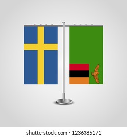 Table stand with flags of Sweden and Zambia.Two flag. Flag pole. Symbolizing the cooperation between the two countries. Table flags

