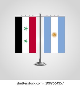 Table stand with flags of Syria and Argentina.Two flag. Flag pole. Symbolizing the cooperation between the two countries. Table flags