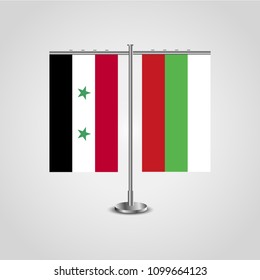Table stand with flags of Syria and Bulgaria.Two flag. Flag pole. Symbolizing the cooperation between the two countries. Table flags