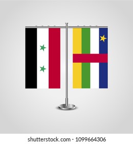 Table stand with flags of Syria and Central African Republic.Two flag. Flag pole. Symbolizing the cooperation between the two countries. Table flags