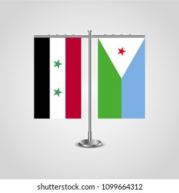 Table stand with flags of Syria and Djibouti.Two flag. Flag pole. Symbolizing the cooperation between the two countries. Table flags