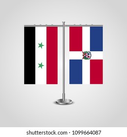 Table stand with flags of Syria and Dominican Republic.Two flag. Flag pole. Symbolizing the cooperation between the two countries. Table flags
