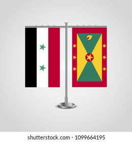 Table stand with flags of Syria and Grenada.Two flag. Flag pole. Symbolizing the cooperation between the two countries. Table flags