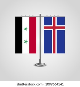 Table stand with flags of Syria and Iceland.Two flag. Flag pole. Symbolizing the cooperation between the two countries. Table flags