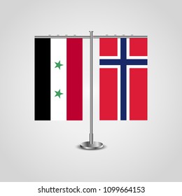 Table stand with flags of Syria and Jan Mayen.Two flag. Flag pole. Symbolizing the cooperation between the two countries. Table flags