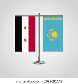 Table stand with flags of Syria and Kazakhstan.Two flag. Flag pole. Symbolizing the cooperation between the two countries. Table flags
