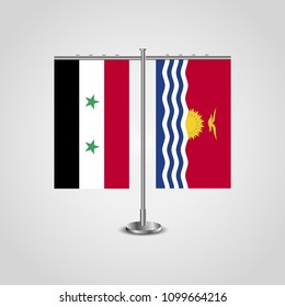 Table stand with flags of Syria and Kiribati.Two flag. Flag pole. Symbolizing the cooperation between the two countries. Table flags
