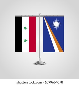 Table stand with flags of Syria and Marshall Islands.Two flag. Flag pole. Symbolizing the cooperation between the two countries. Table flags