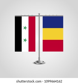 Table stand with flags of Syria and Romania.Two flag. Flag pole. Symbolizing the cooperation between the two countries. Table flags