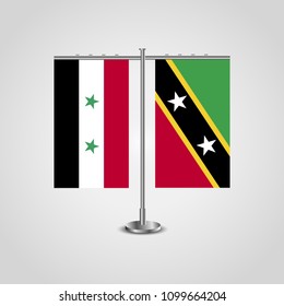 Table stand with flags of Syria and Saint Kitts and Nevis.Two flag. Flag pole. Symbolizing the cooperation between the two countries. Table flags