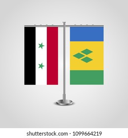 Table stand with flags of Syria and Saint Vincent and the Grenadines.Two flag. Flag pole. Symbolizing the cooperation between the two countries. Table flags