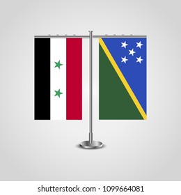Table stand with flags of Syria and Solomon islands.Two flag. Flag pole. Symbolizing the cooperation between the two countries. Table flags