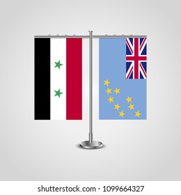 Table stand with flags of Syria and Tuvalu.Two flag. Flag pole. Symbolizing the cooperation between the two countries. Table flags
