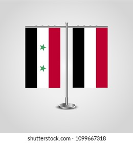 Table stand with flags of Syria and Yemen.Two flag. Flag pole. Symbolizing the cooperation between the two countries. Table flags