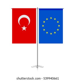 table stand with flags of turkey and european union. symbolizing the cooperation between the TURKEY and EU. vector table flags