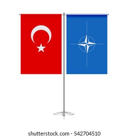 Table Stand With Flags Of Turkey And Nato. Symbolizing The Cooperation Between The  NATO And TURKEY. Vector Table Flags