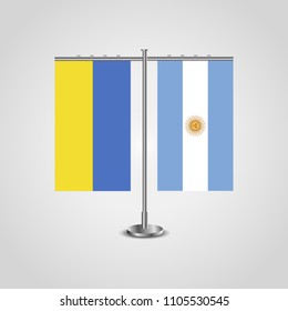Table stand with flags of Ukraine and Argentina.Two flag. Flag pole. Symbolizing the cooperation between the two countries. Table flags