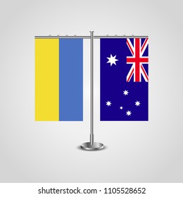 Table stand with flags of Ukraine and Australia.Two flag. Flag pole. Symbolizing the cooperation between the two countries. Table flags