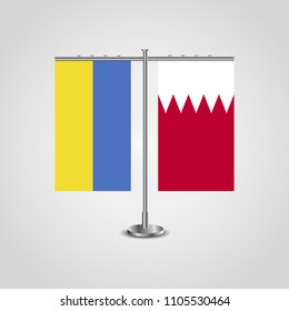 Table stand with flags of Ukraine and Bahrain.Two flag. Flag pole. Symbolizing the cooperation between the two countries. Table flags