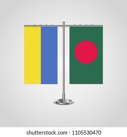 Table stand with flags of Ukraine and Bangladesh.Two flag. Flag pole. Symbolizing the cooperation between the two countries. Table flags