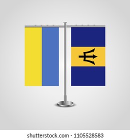Table stand with flags of Ukraine and Barbados.Two flag. Flag pole. Symbolizing the cooperation between the two countries. Table flags