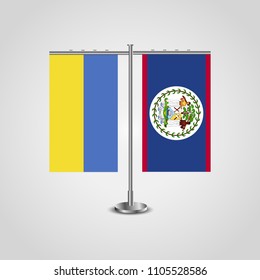 Table stand with flags of Ukraine and Belize.Two flag. Flag pole. Symbolizing the cooperation between the two countries. Table flags