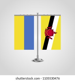 Table stand with flags of Ukraine and Brunei.Two flag. Flag pole. Symbolizing the cooperation between the two countries. Table flags