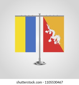 Table stand with flags of Ukraine and Butane.Two flag. Flag pole. Symbolizing the cooperation between the two countries. Table flags