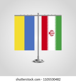 Table stand with flags of Ukraine and Iran.Two flag. Flag pole. Symbolizing the cooperation between the two countries. Table flags