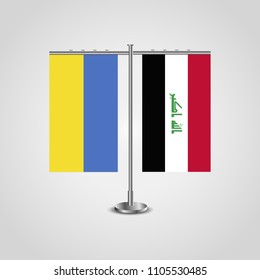 Table stand with flags of Ukraine and Iraq.Two flag. Flag pole. Symbolizing the cooperation between the two countries. Table flags