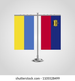 Table stand with flags of Ukraine and Liechtenstein.Two flag. Flag pole. Symbolizing the cooperation between the two countries. Table flags