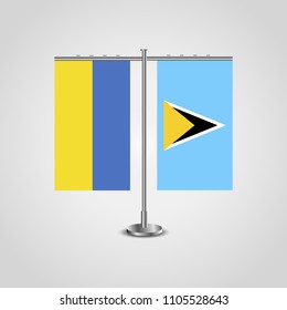 Table stand with flags of Ukraine and Saint Lucia.Two flag. Flag pole. Symbolizing the cooperation between the two countries. Table flags