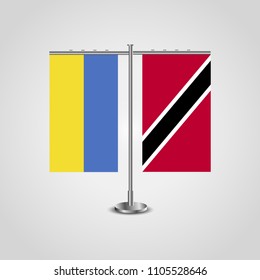 Table stand with flags of Ukraine and Trinidad and Tobago.Two flag. Flag pole. Symbolizing the cooperation between the two countries. Table flags