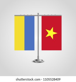 Table stand with flags of Ukraine and Vietnam.Two flag. Flag pole. Symbolizing the cooperation between the two countries. Table flags
