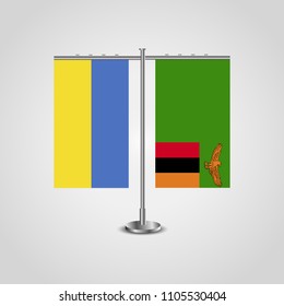 Table stand with flags of Ukraine and Zambia.Two flag. Flag pole. Symbolizing the cooperation between the two countries. Table flags