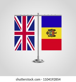 Table stand with flags of United Kingdom and Moldova.Two flag. Flag pole. Symbolizing the cooperation between the two countries. Table flags
